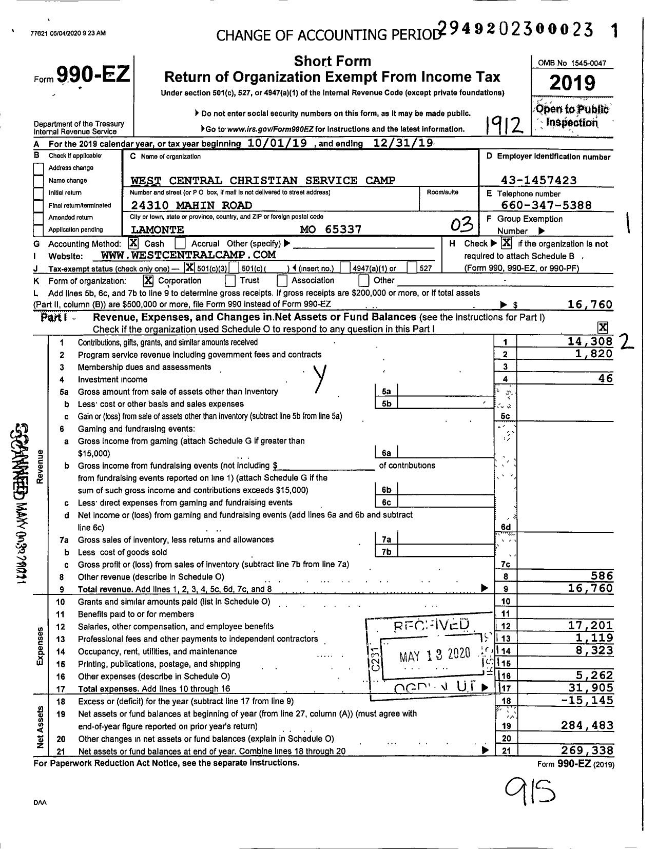 Image of first page of 2019 Form 990EZ for West Central Christian Service Camp