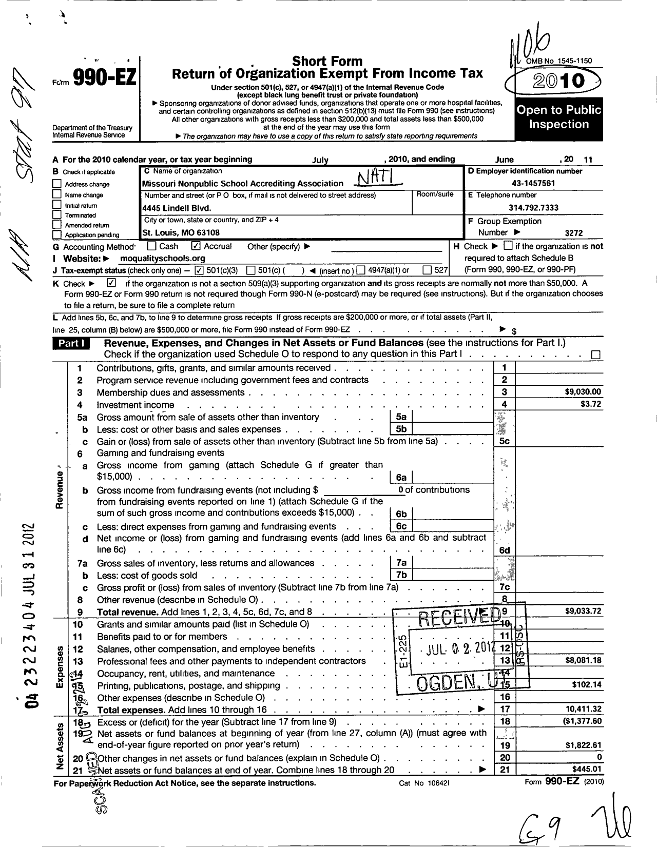 Image of first page of 2010 Form 990EZ for National Federation of Nonpublic School State Accrediting Association / Missouri Nonpublic School Accrediti