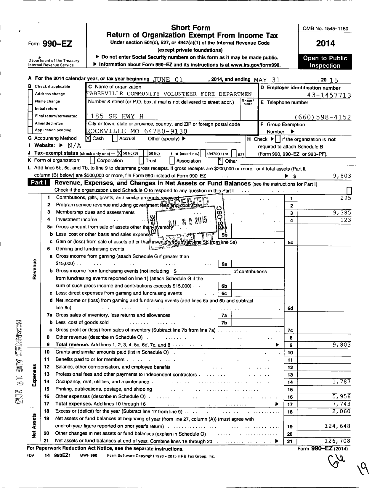 Image of first page of 2014 Form 990EZ for Taberville Community Volunteer Fire Department