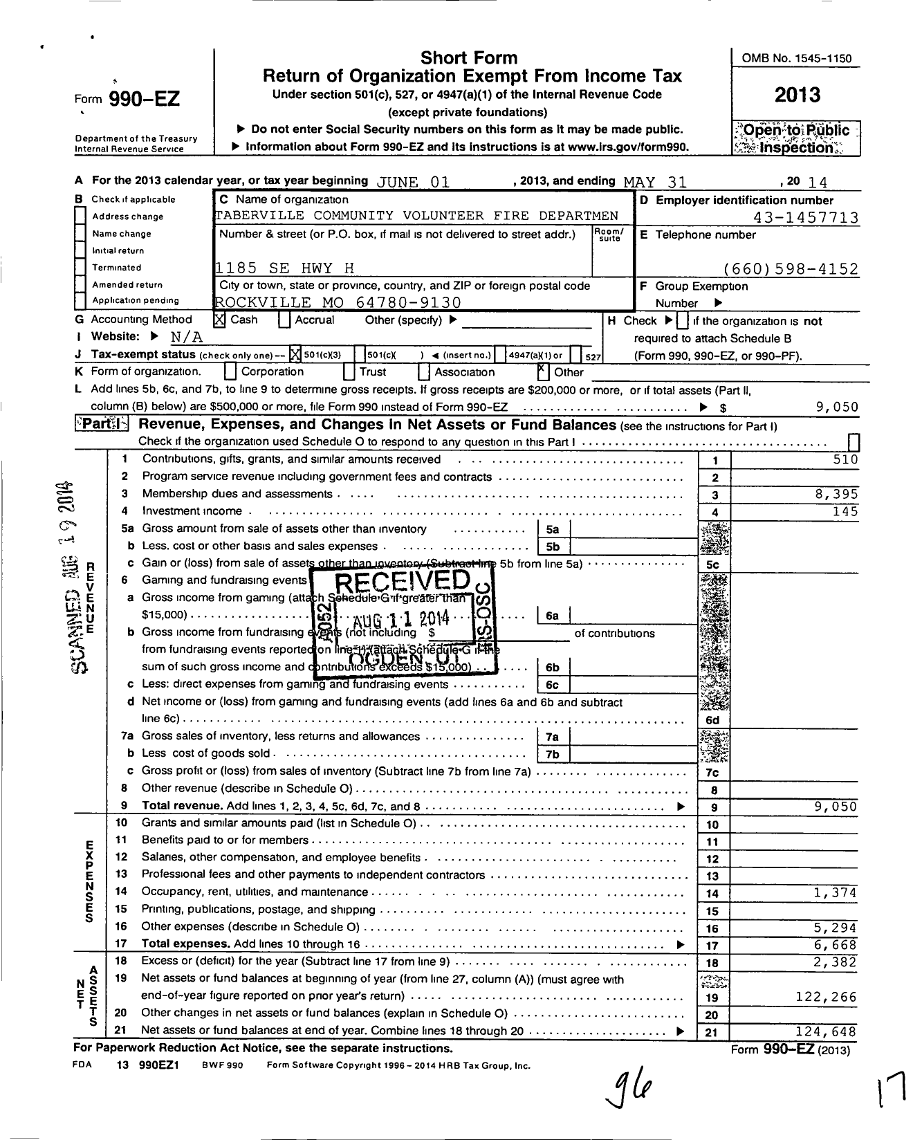 Image of first page of 2013 Form 990EZ for Taberville Community Volunteer Fire Department