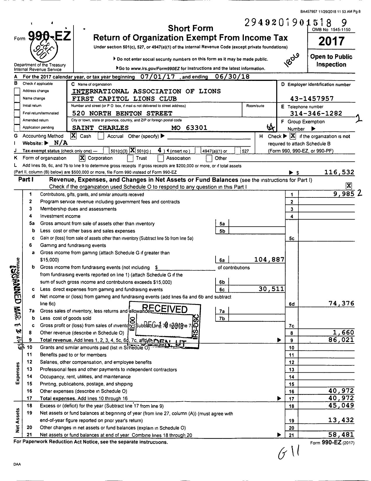 Image of first page of 2017 Form 990EO for Lions Clubs - First Capitol Lions Club