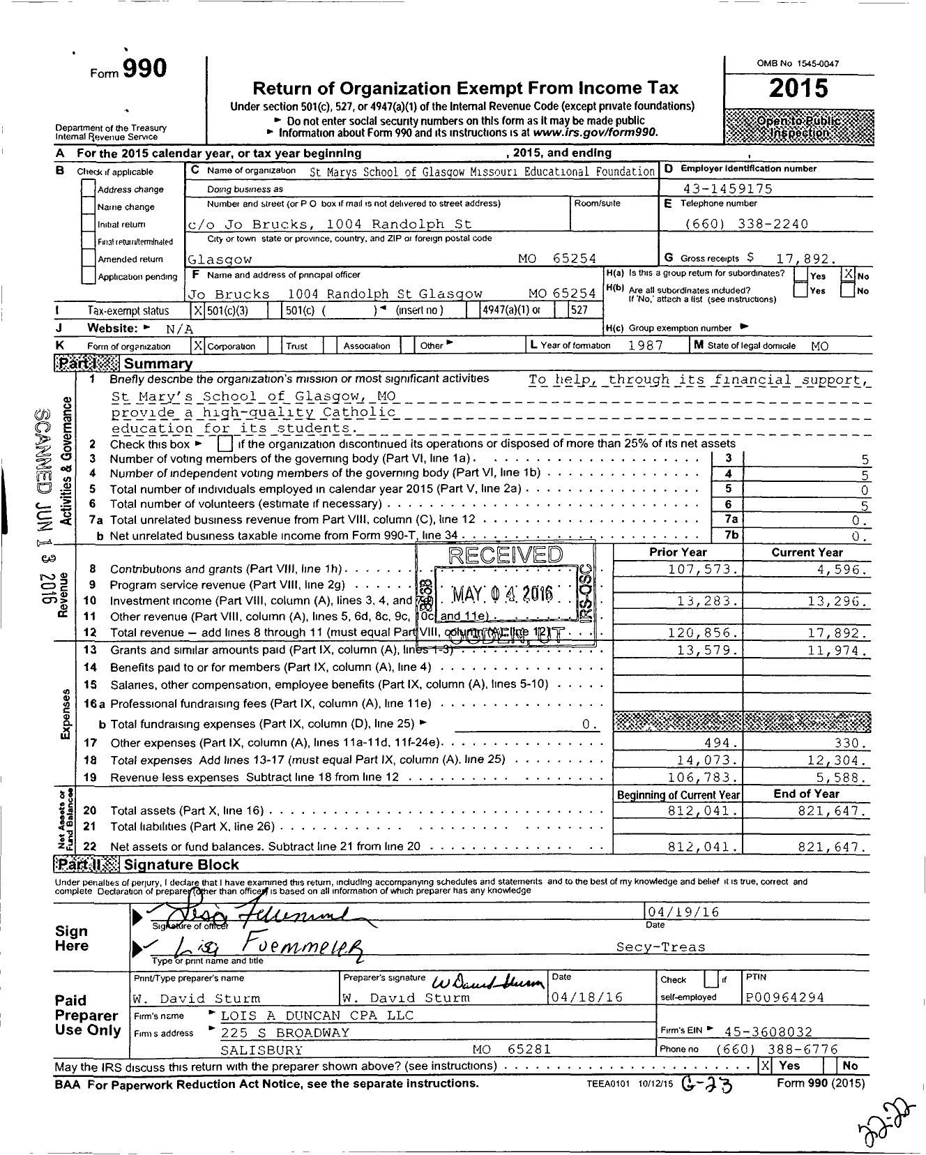 Image of first page of 2015 Form 990 for St Marys School of Glasgow Missouri Educational Foundation