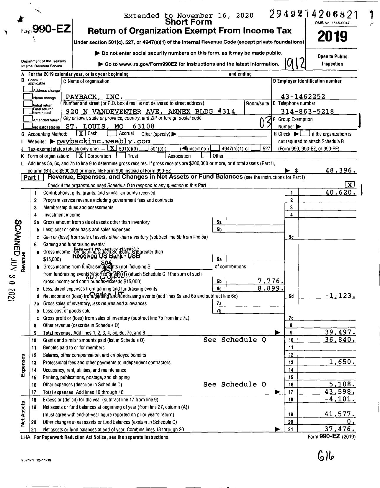 Image of first page of 2019 Form 990EZ for Payback