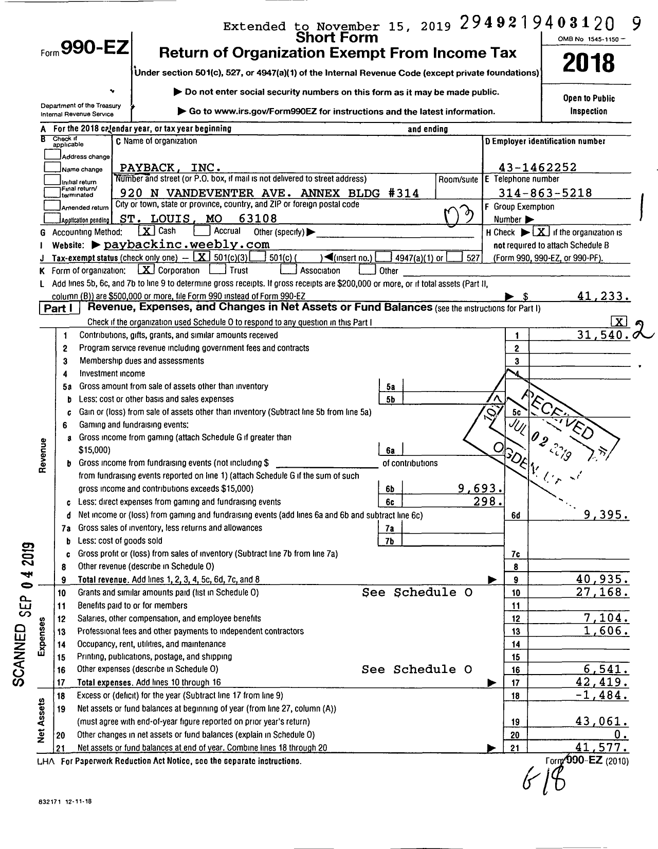 Image of first page of 2018 Form 990EZ for Payback