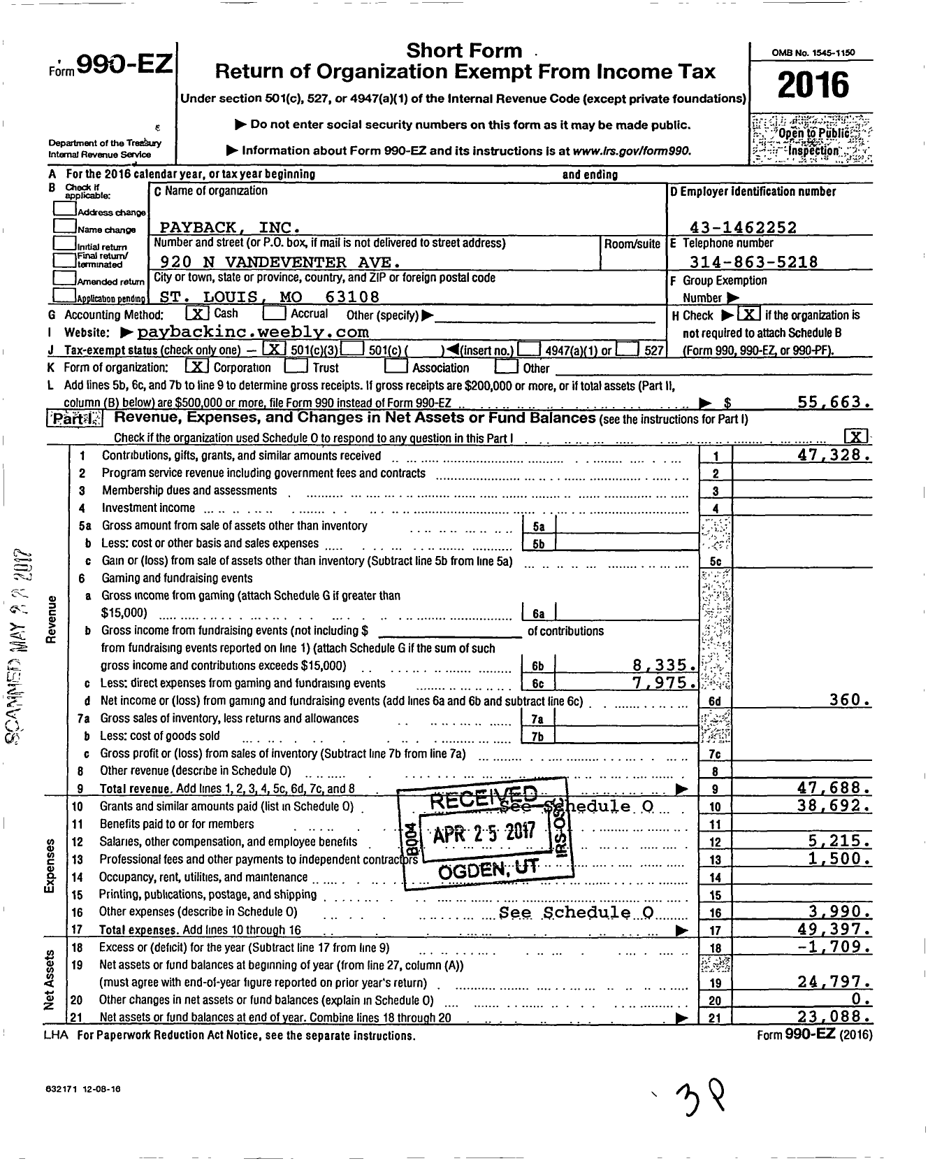 Image of first page of 2016 Form 990EZ for Payback