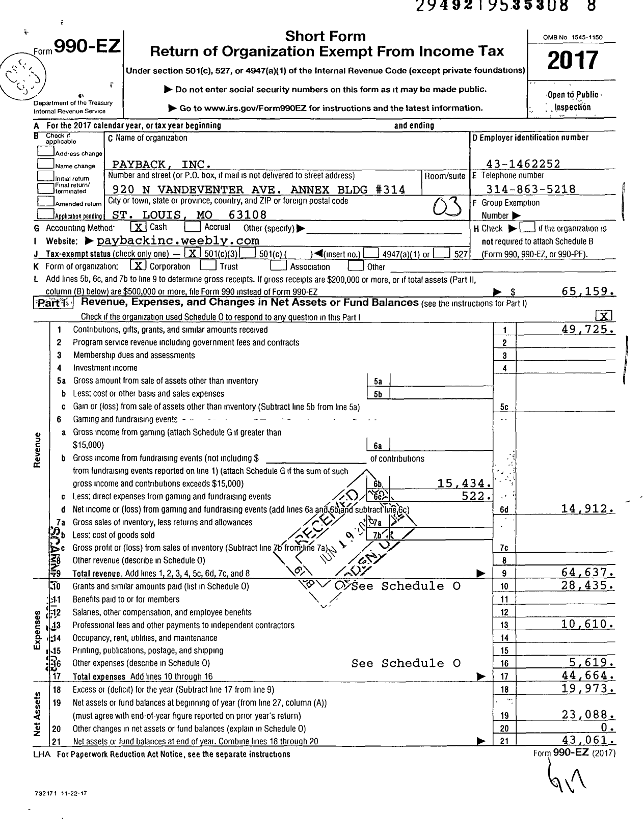 Image of first page of 2017 Form 990EZ for Payback