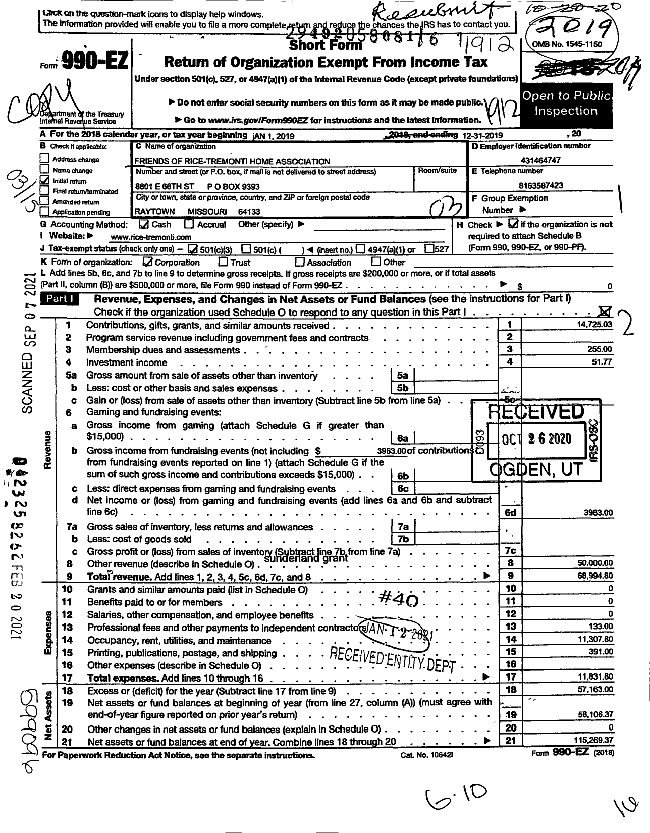 Image of first page of 2019 Form 990EZ for Friends of Rice-Tremonti Home Association