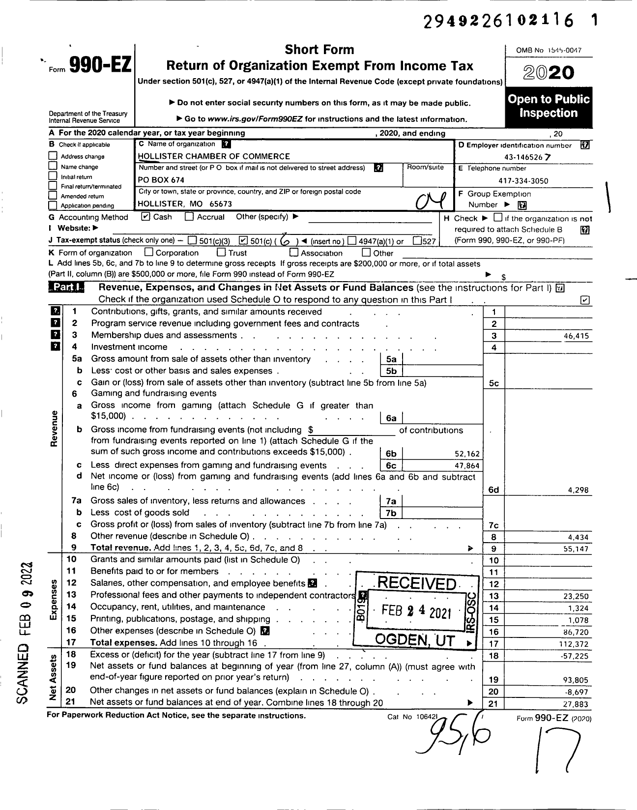 Image of first page of 2020 Form 990EO for Hollister Chamber of Commerce