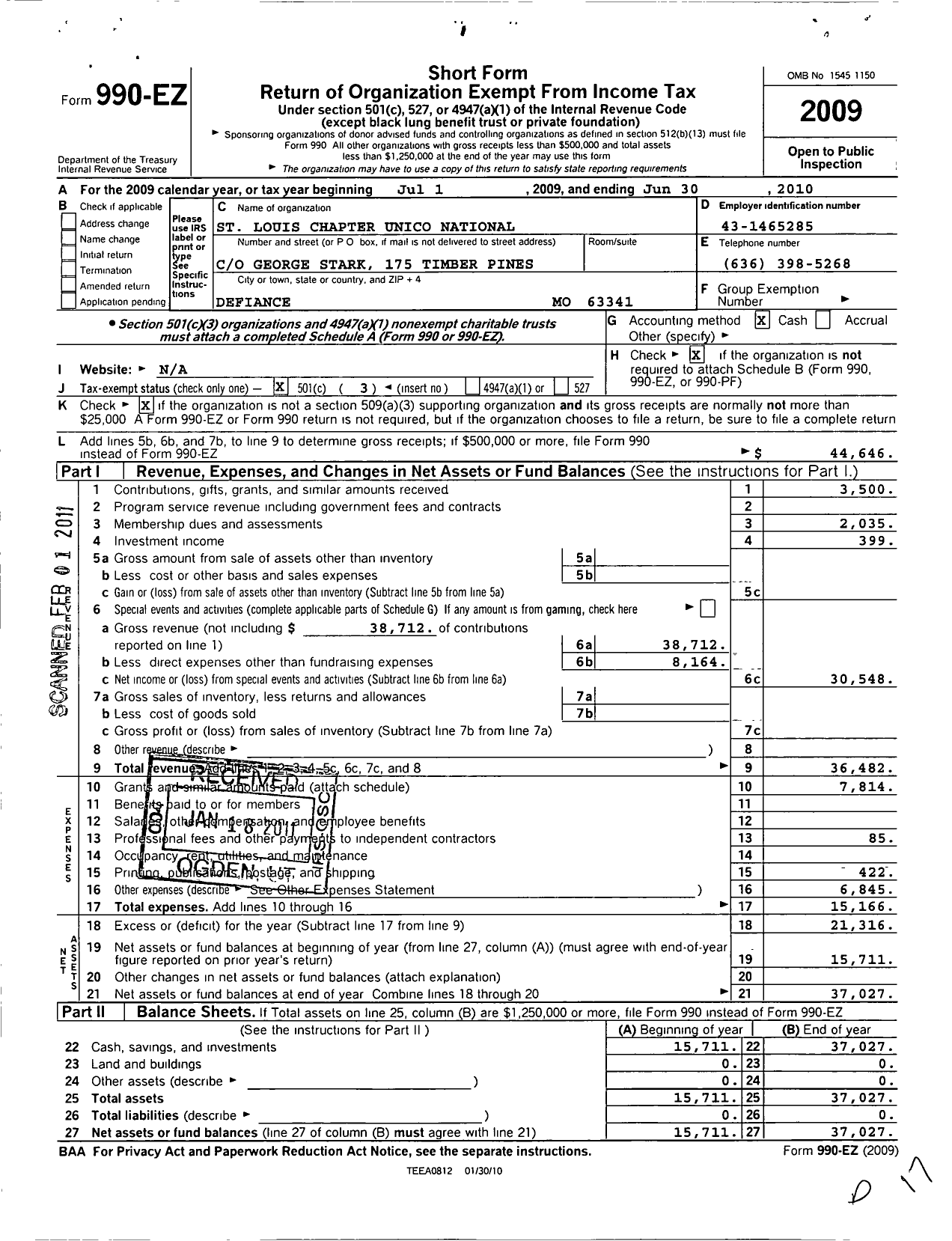 Image of first page of 2009 Form 990EZ for Unico National / St Louis