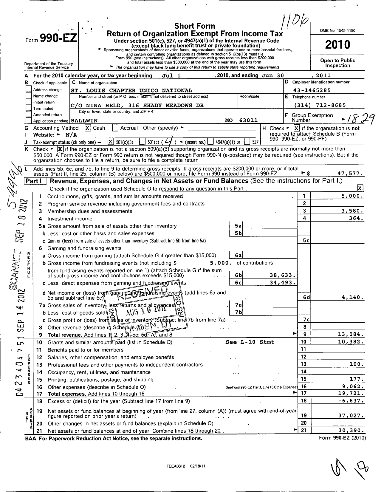 Image of first page of 2010 Form 990EO for Unico National / St Louis