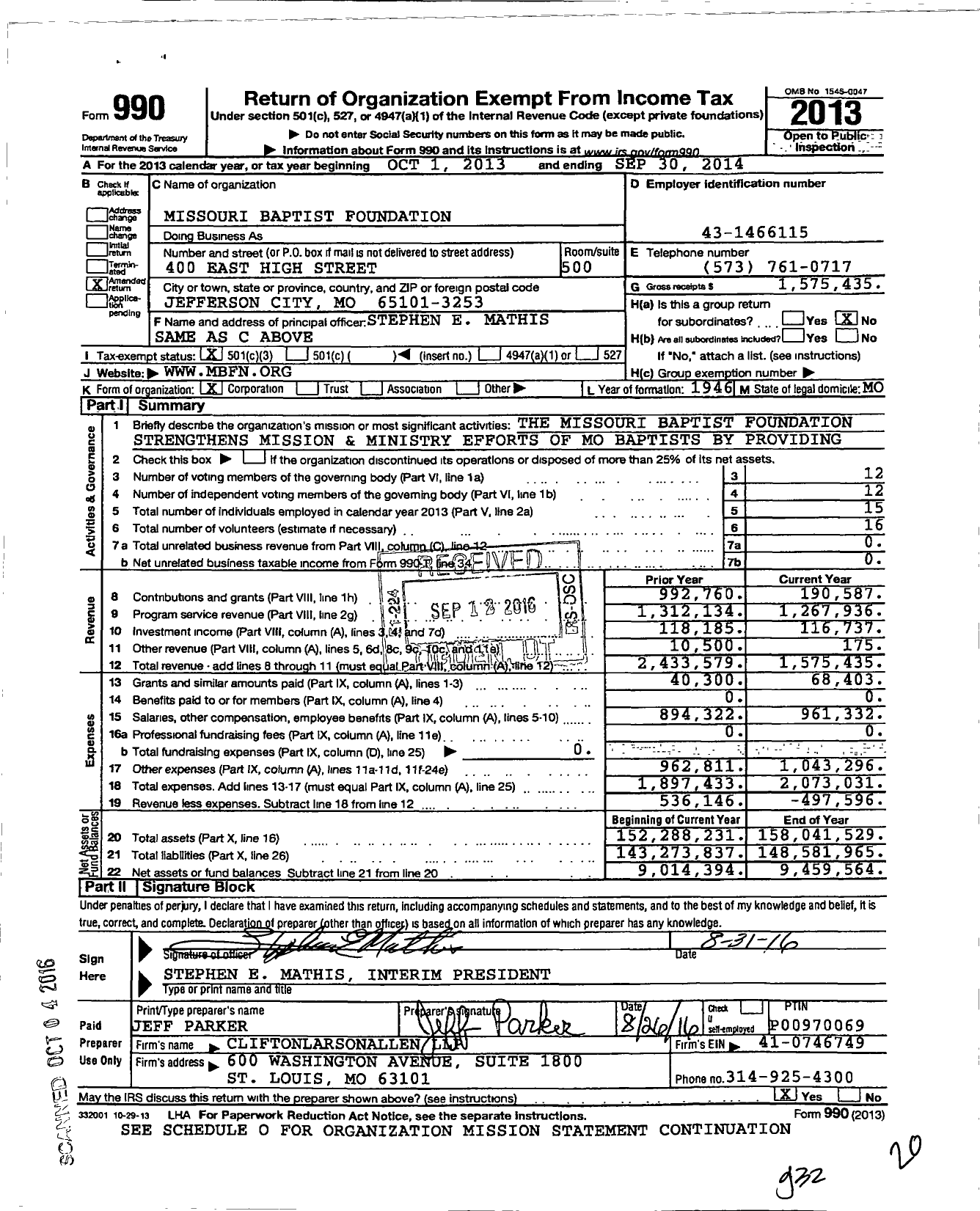 Image of first page of 2013 Form 990 for Missouri Baptist Foundation (MBF)