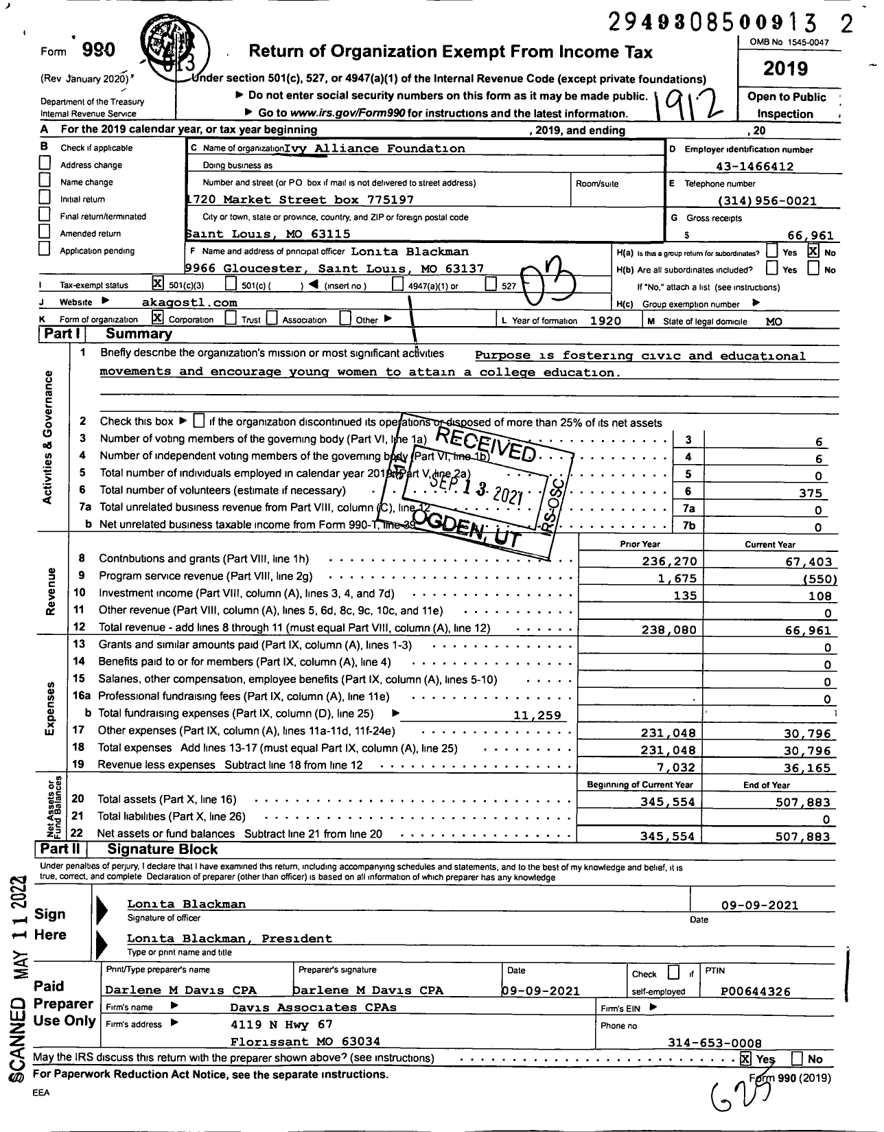 Image of first page of 2019 Form 990 for Ivy Alliance Foundation