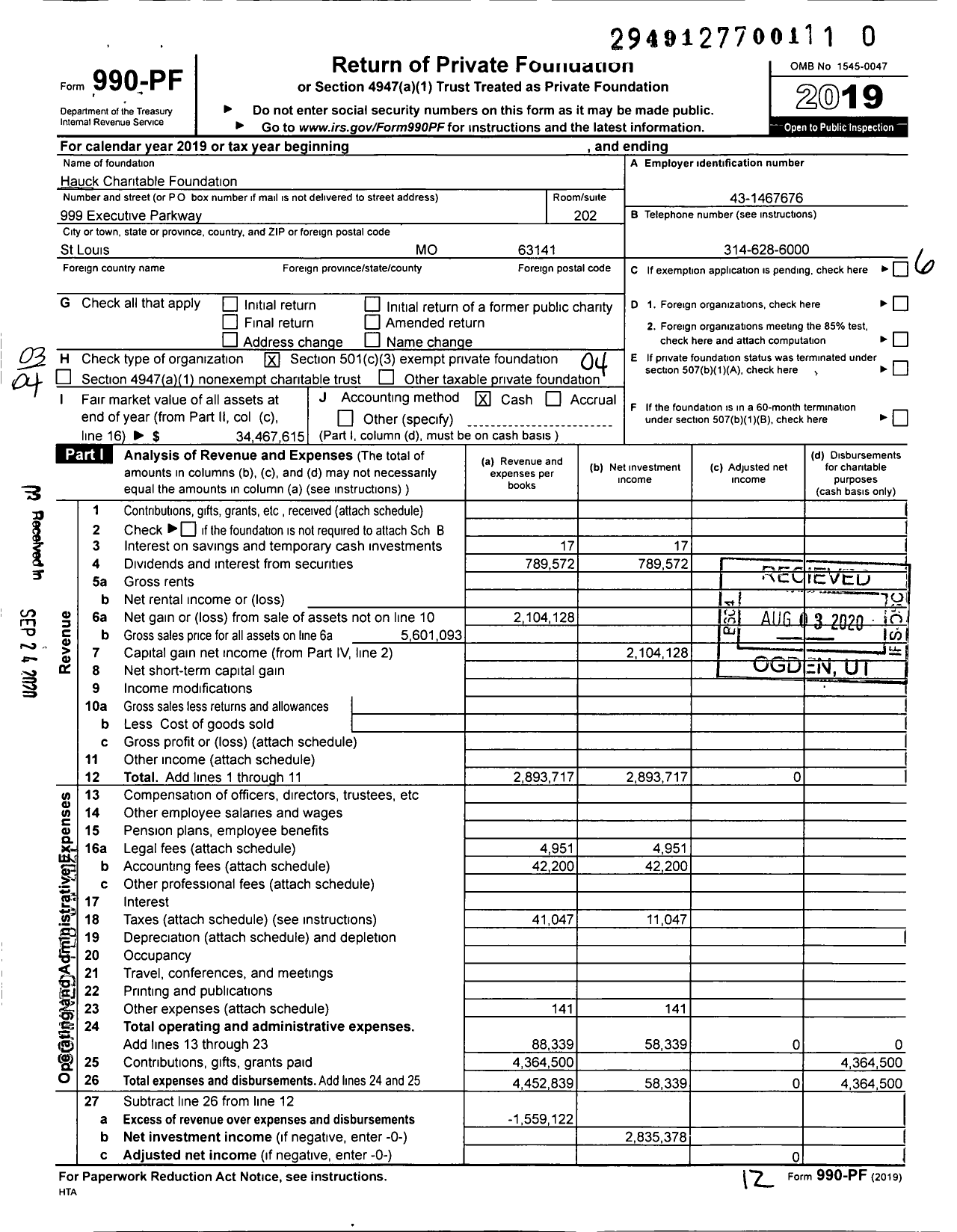 Image of first page of 2019 Form 990PF for Hauck Charitable Foundation