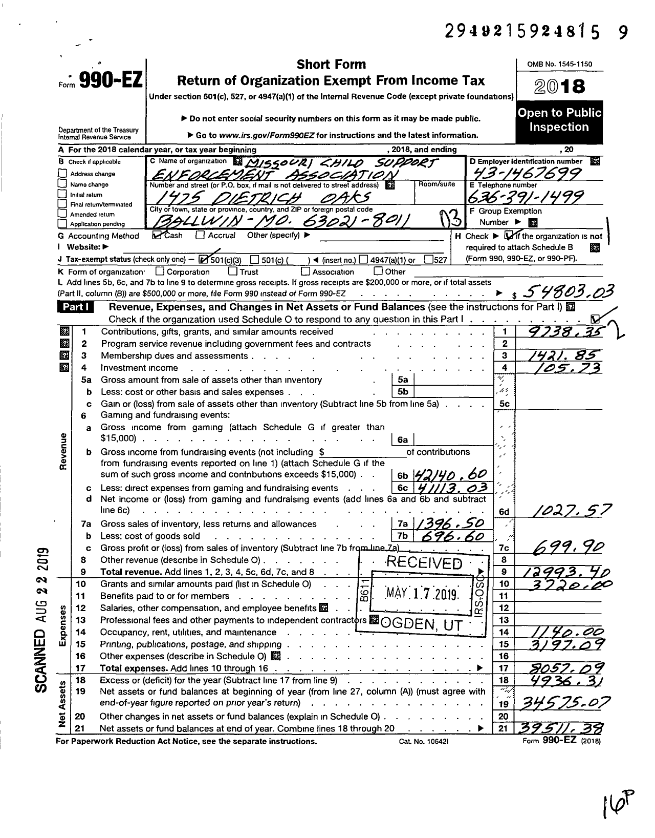 Image of first page of 2018 Form 990EZ for Missouri Child Support Enforcement Association