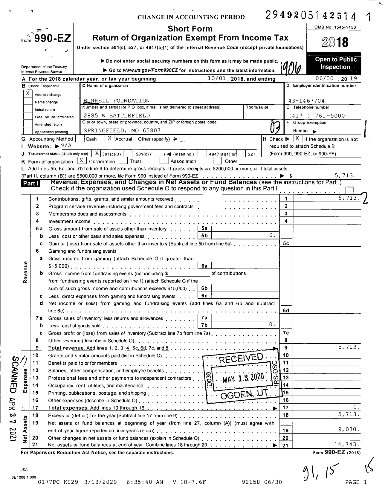 Image of first page of 2018 Form 990EZ for Burrell Foundation