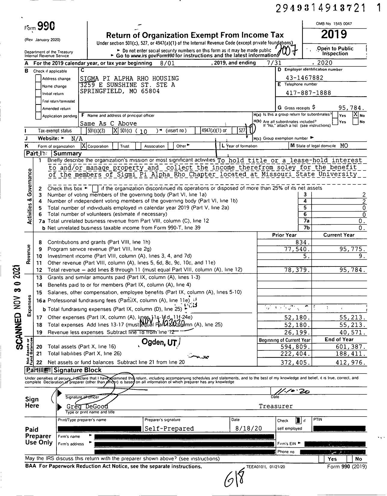 Image of first page of 2019 Form 990O for Sigma Pi Alpha Rho Housing