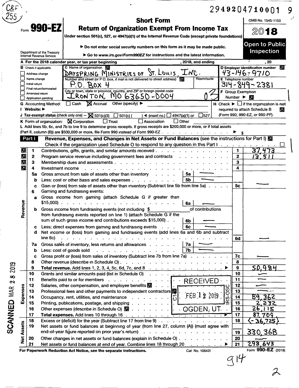 Image of first page of 2018 Form 990EZ for Dayspring Ministries of St Louis