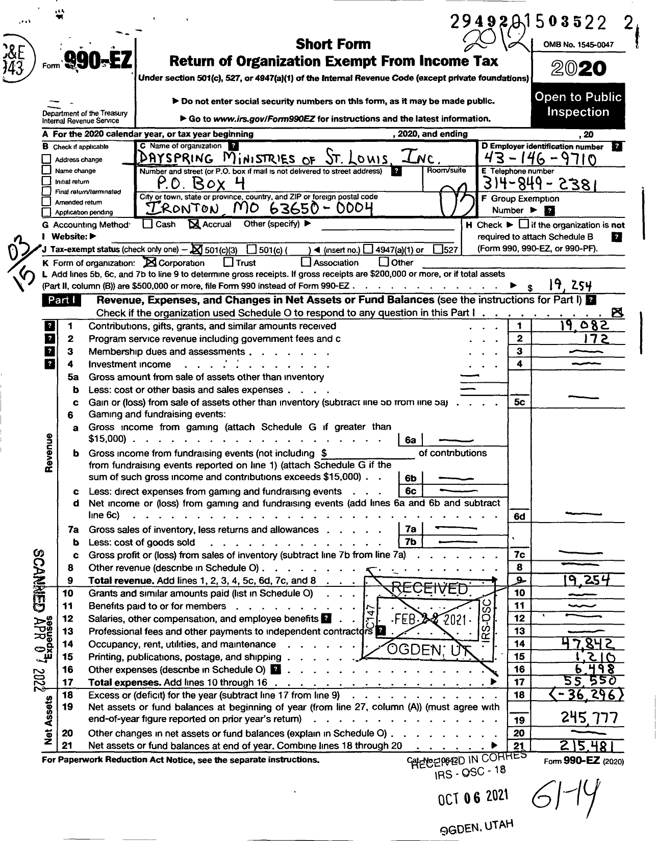 Image of first page of 2020 Form 990EZ for Dayspring Ministries of St Louis