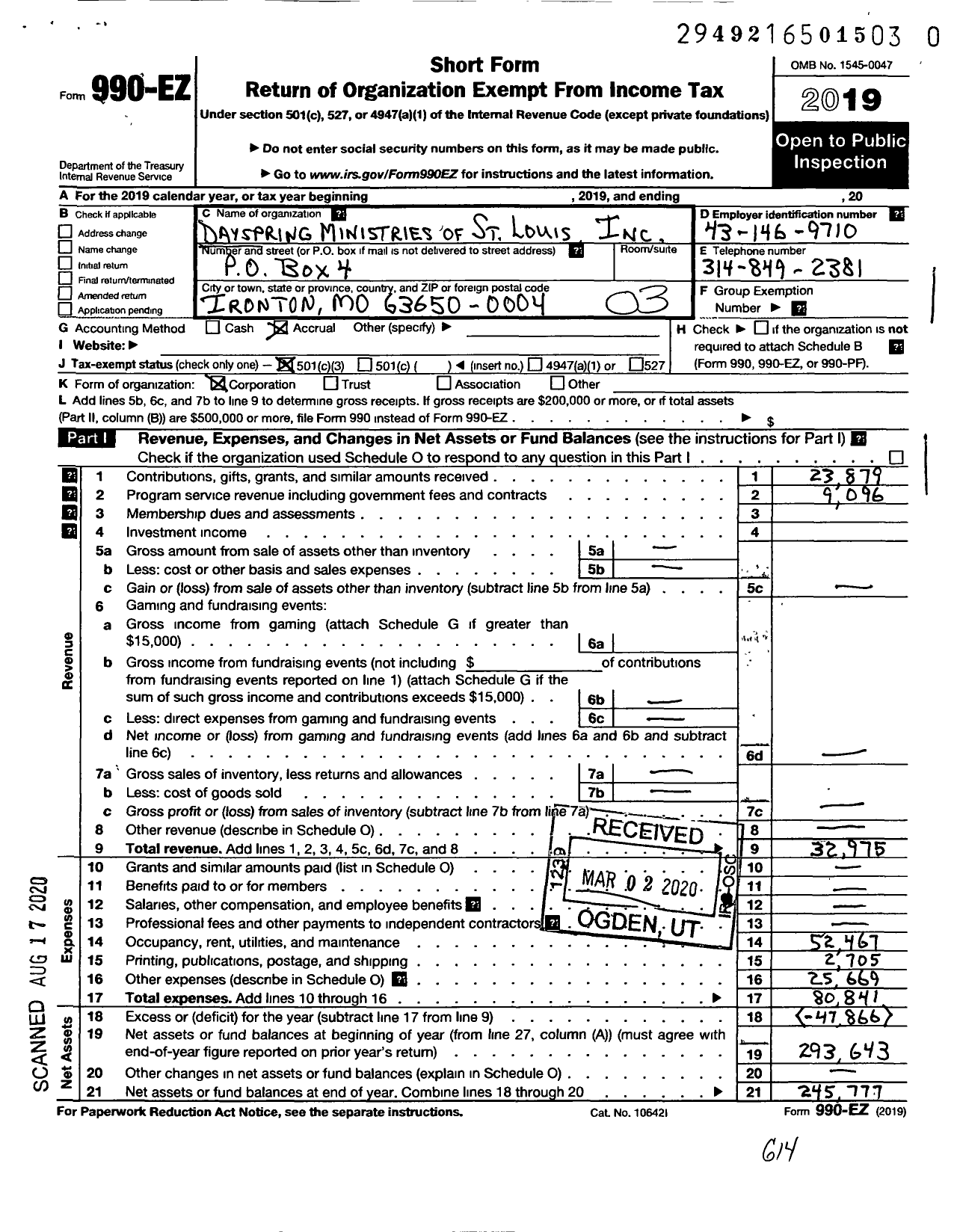 Image of first page of 2019 Form 990EZ for Dayspring Ministries of St Louis