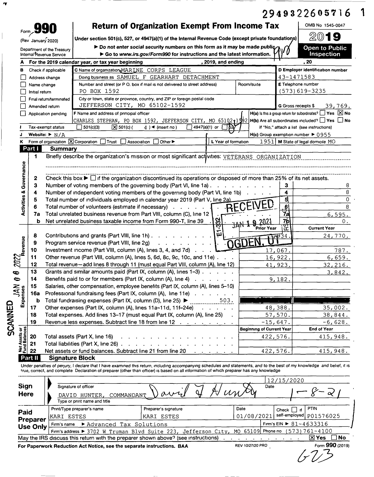 Image of first page of 2019 Form 990O for Marine Corps League Samuel F Gearhart Detachment
