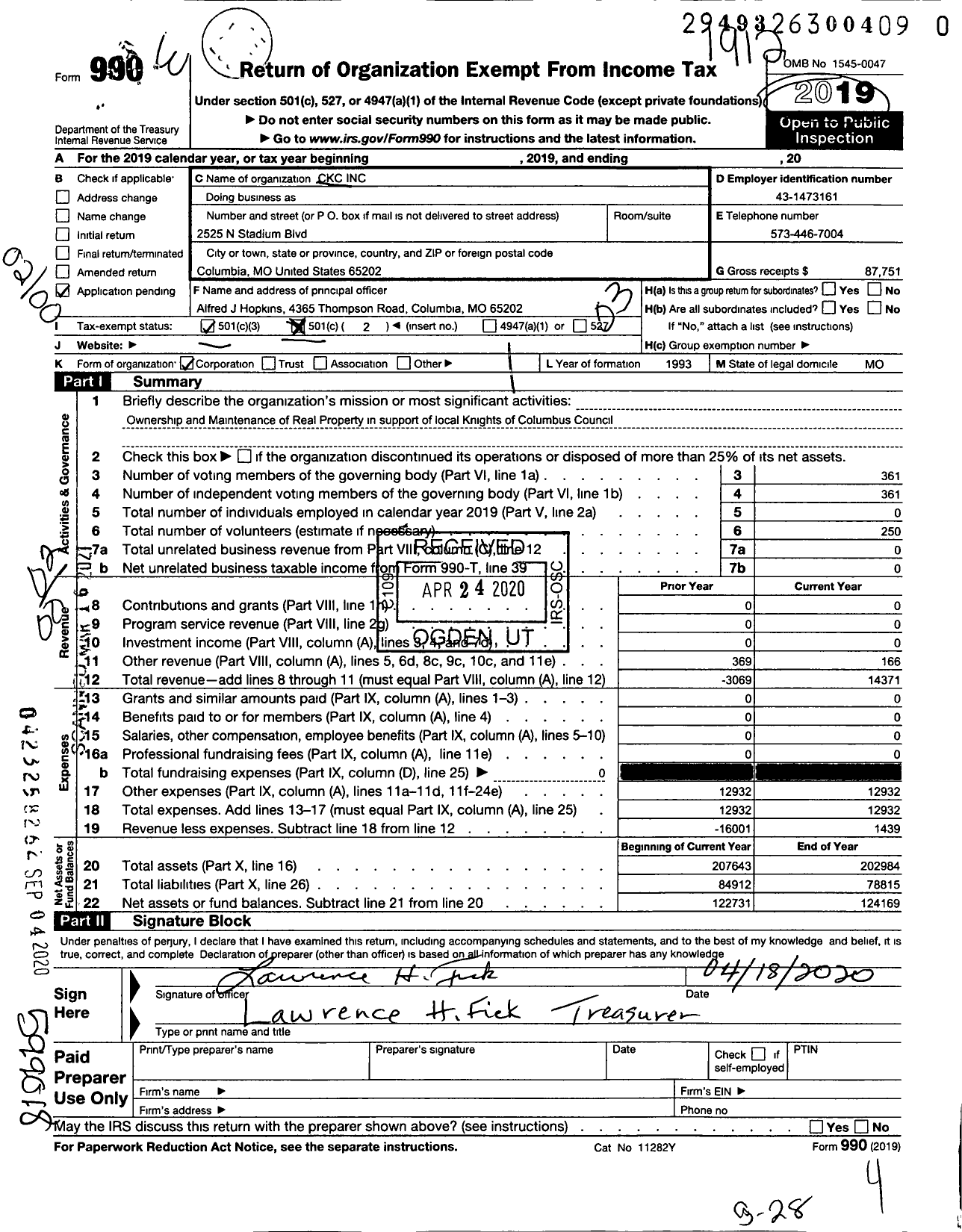 Image of first page of 2019 Form 990O for CKC