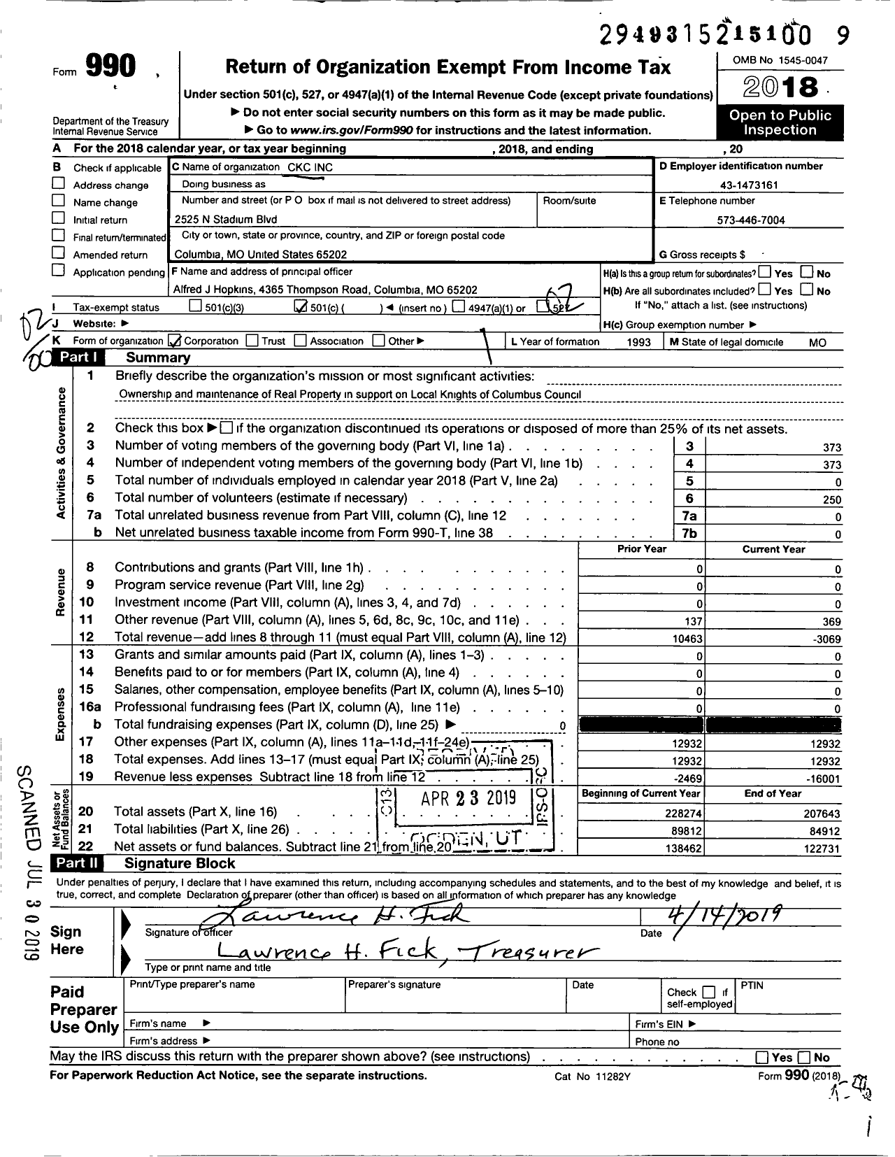 Image of first page of 2018 Form 990O for CKC