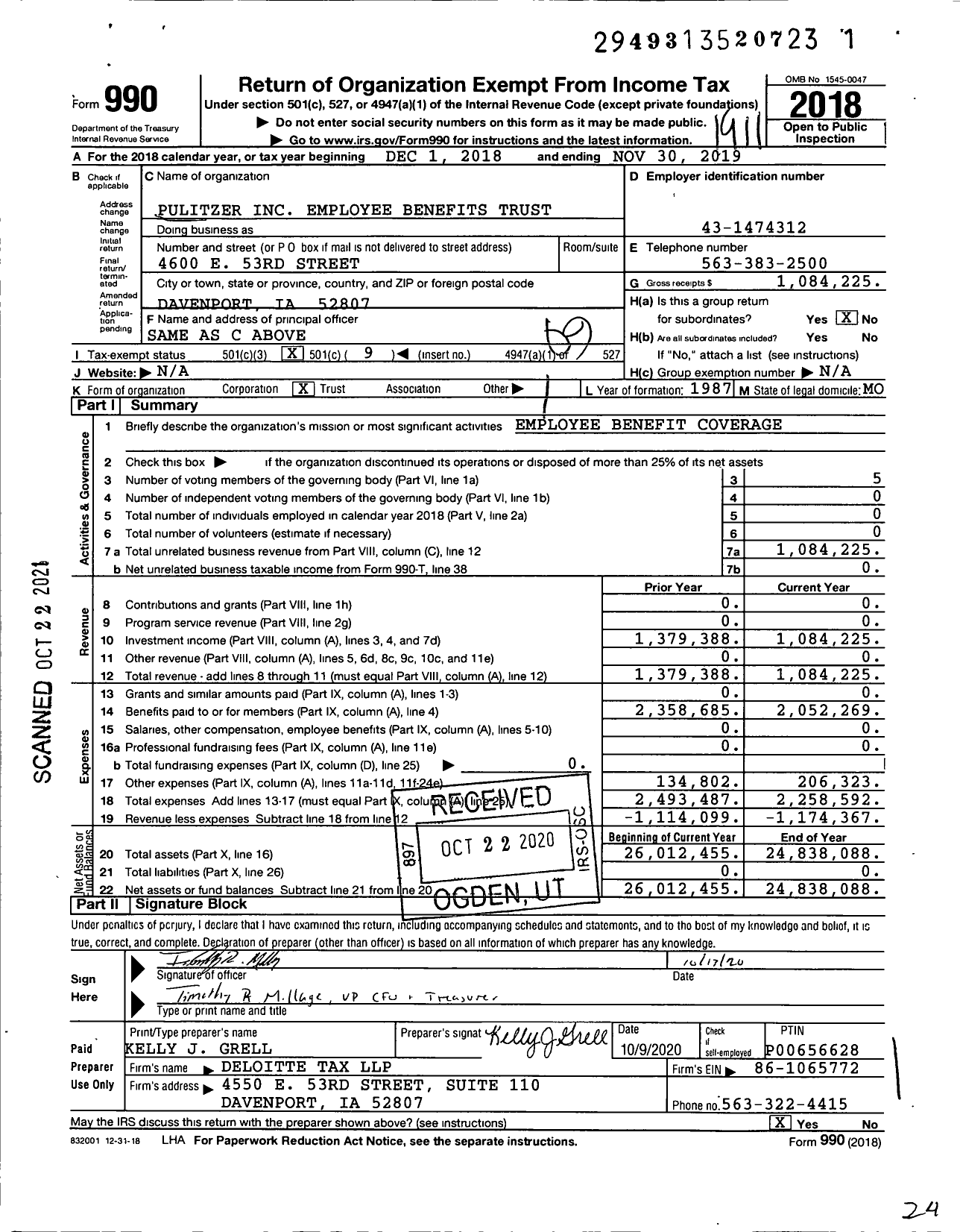 Image of first page of 2018 Form 990O for Pulitzer Employee Benefits Trust