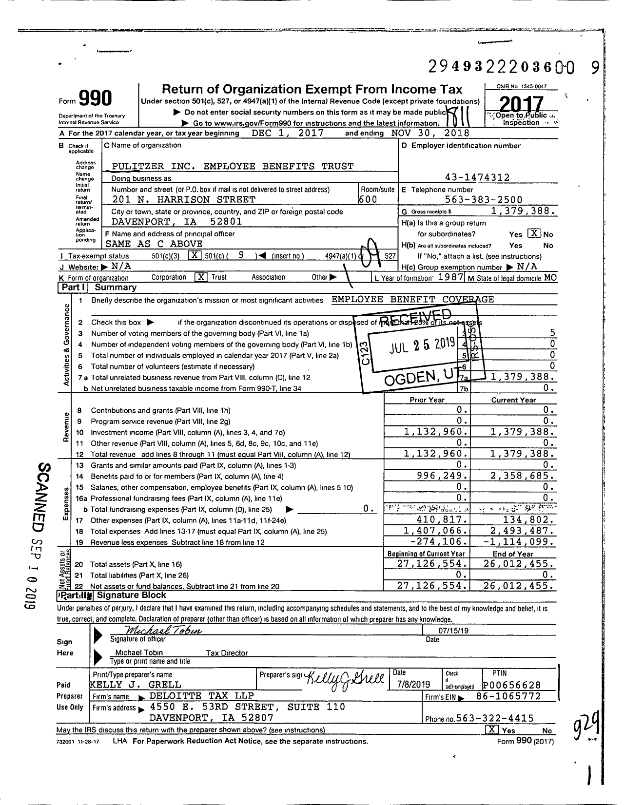 Image of first page of 2017 Form 990O for Pulitzer Employee Benefits Trust