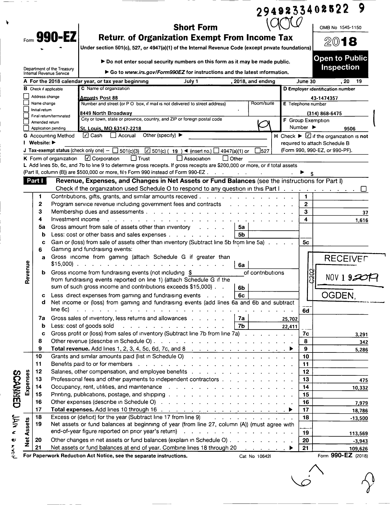 Image of first page of 2018 Form 990EO for Amvets - 0088-mo