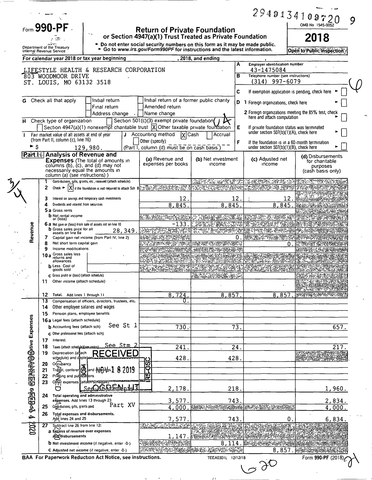 Image of first page of 2018 Form 990PF for Lifestyle Health and Research Corporation