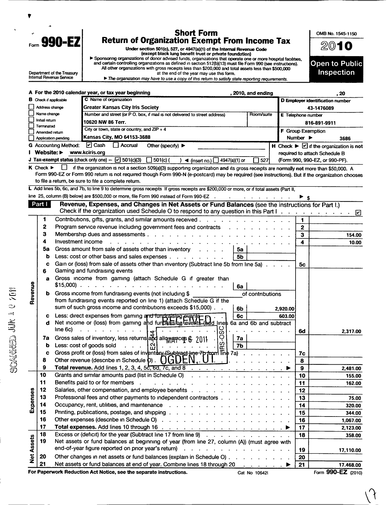 Image of first page of 2010 Form 990EZ for American Iris Society / Greater Kansas City Iris Society
