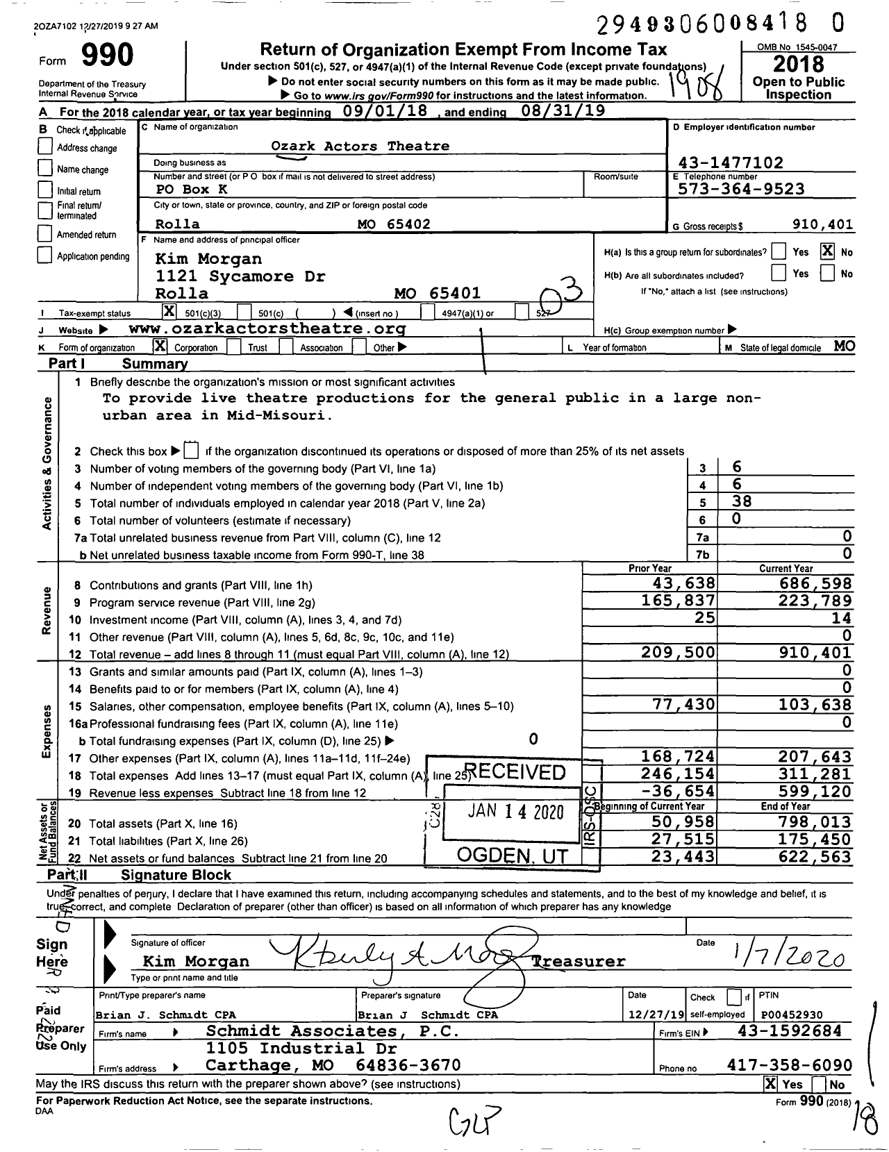 Image of first page of 2018 Form 990 for Ozark Actors Theatre