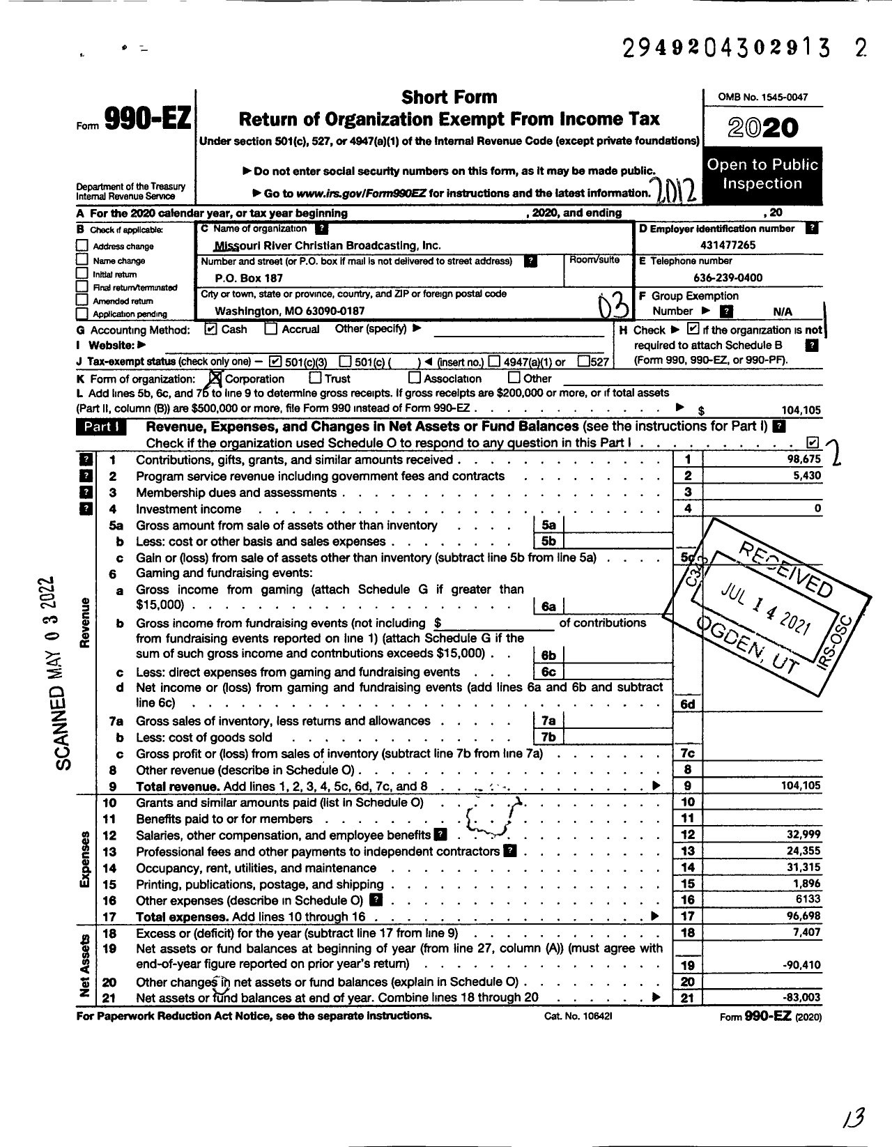 Image of first page of 2020 Form 990EZ for Missouri River Christian Broadcasting (MRCB)