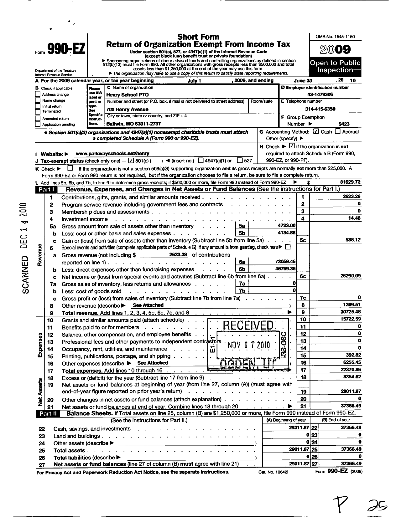 Image of first page of 2009 Form 990EO for Henry School Parent-Teacher Organization