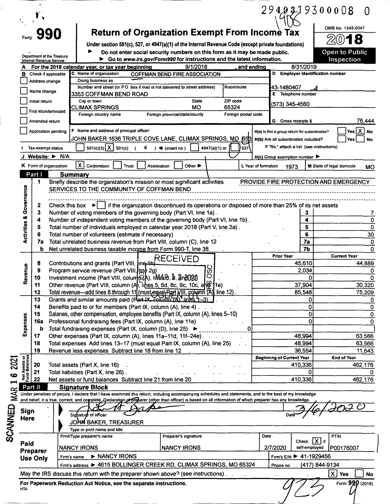 Image of first page of 2018 Form 990O for Coffman Bend Fire Association