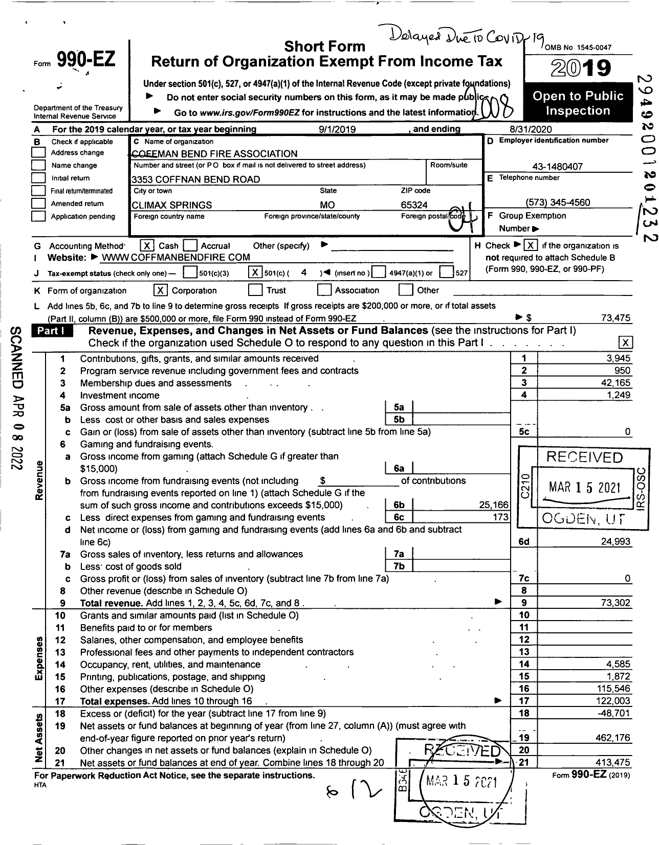 Image of first page of 2019 Form 990EO for Coffman Bend Fire Association