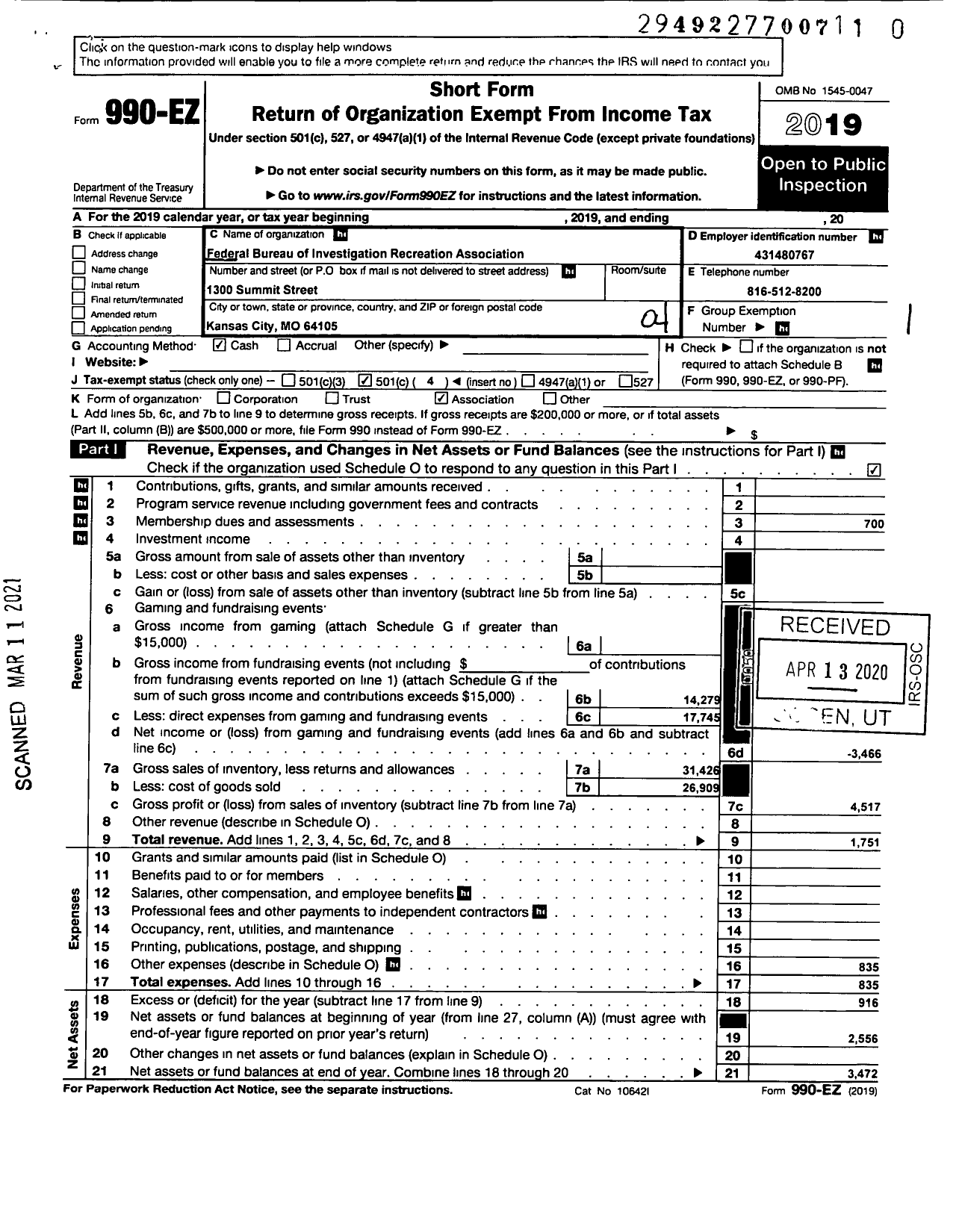 Image of first page of 2019 Form 990EO for Federal Bureau of Investigation Recreation Association