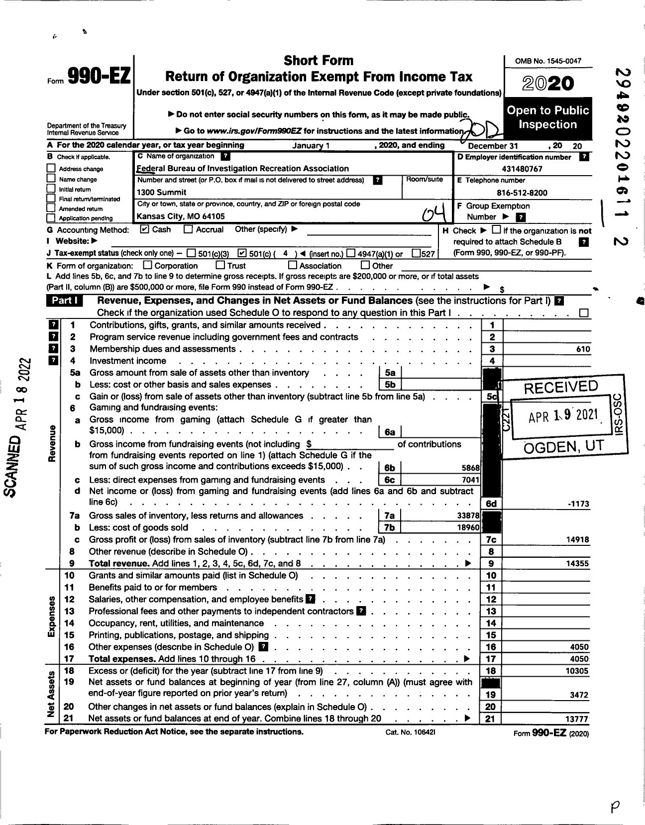 Image of first page of 2020 Form 990EO for Federal Bureau of Investigation Recreation Association