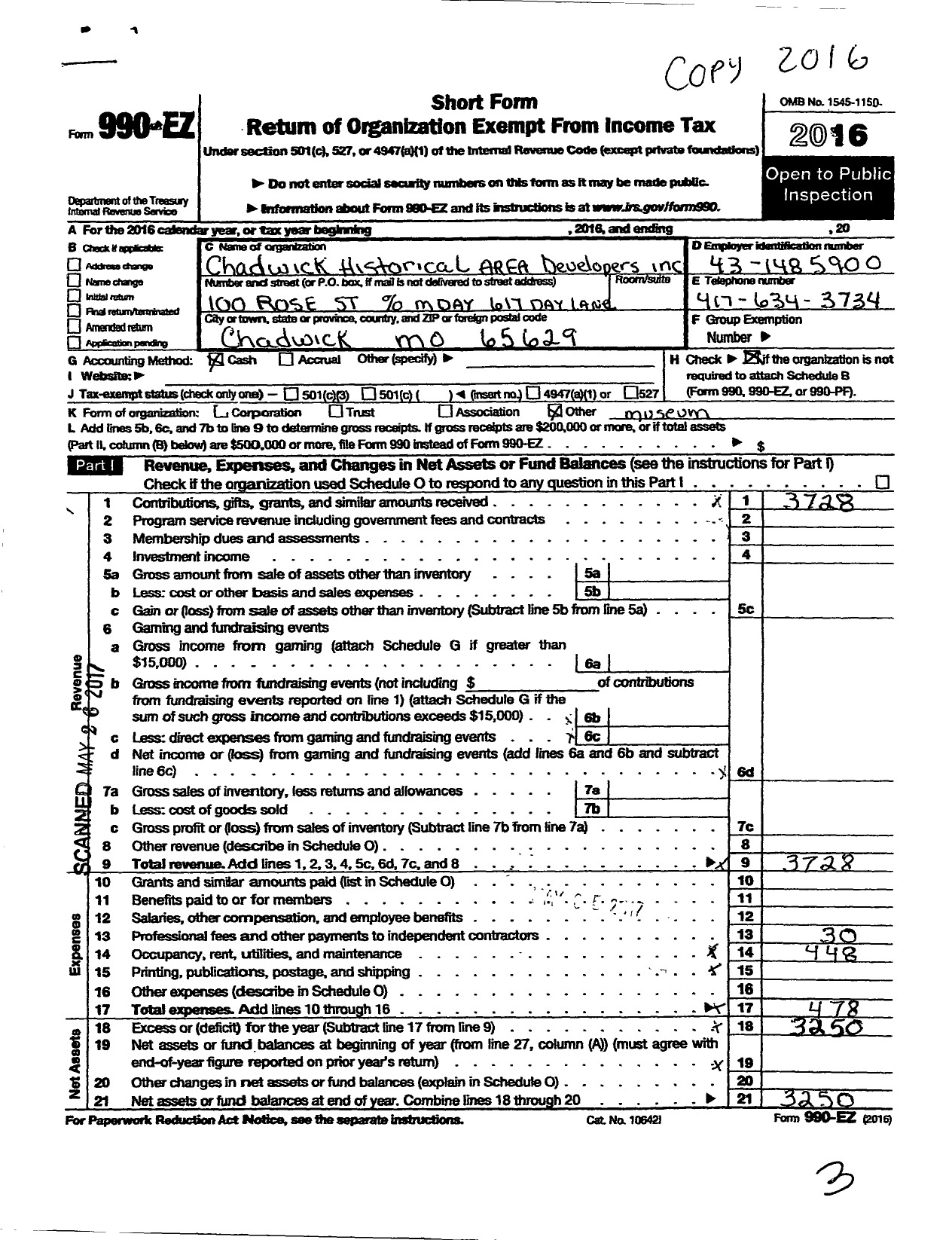 Image of first page of 2016 Form 990EO for Chadwick Historical Area Developers
