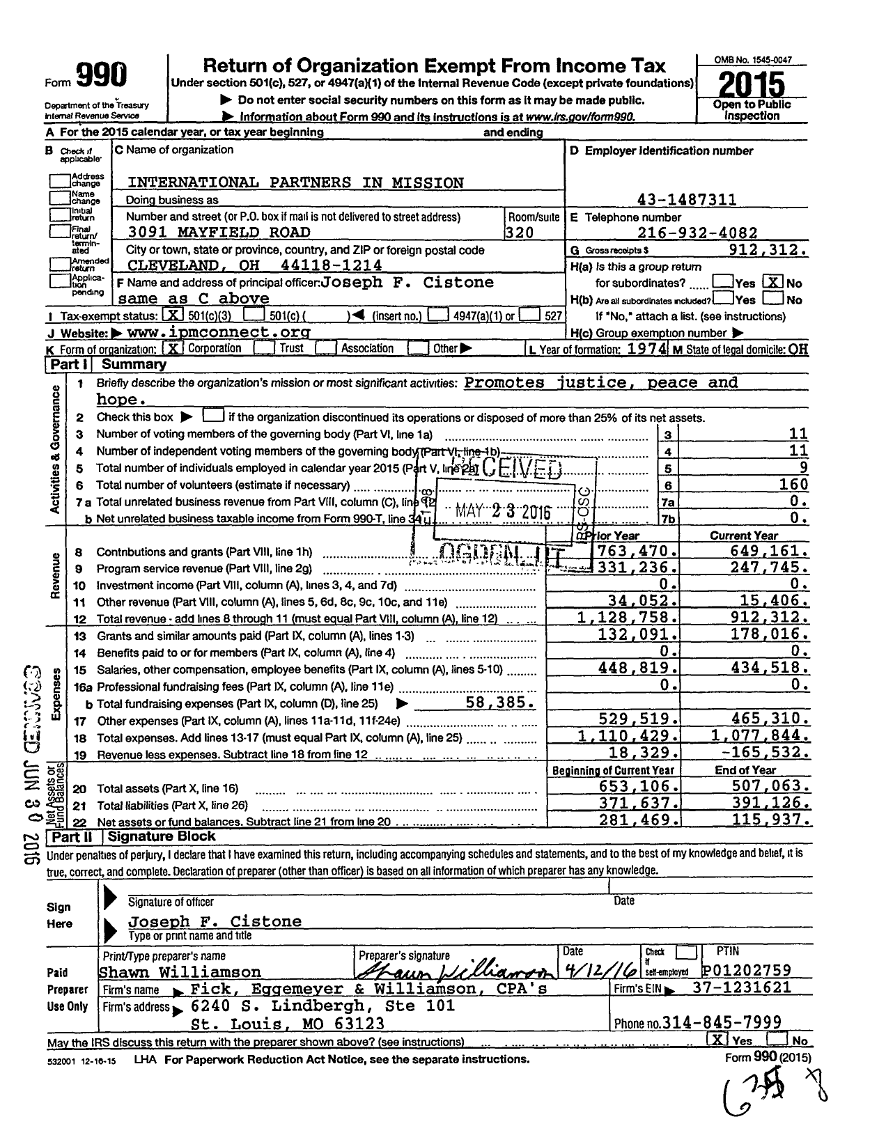 Image of first page of 2015 Form 990 for International Partners in Mission (IPM)