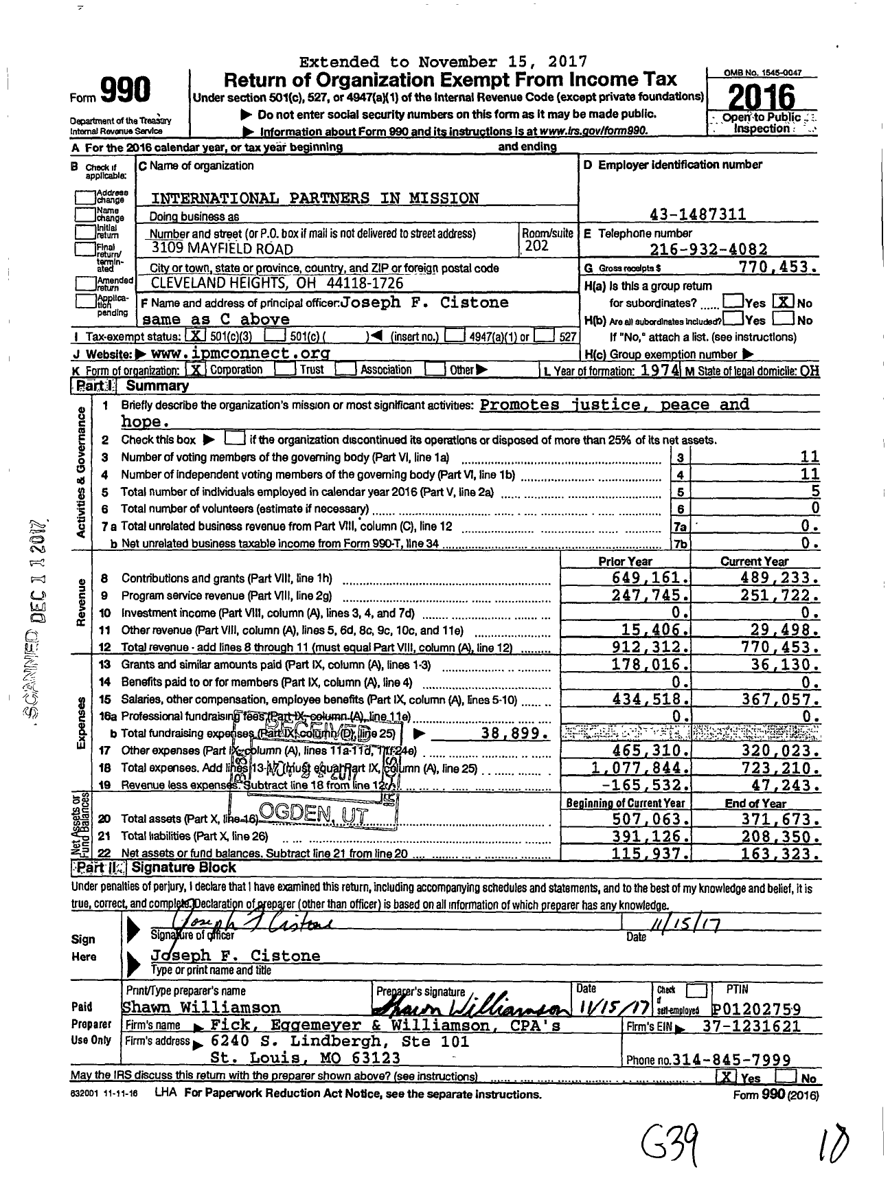 Image of first page of 2016 Form 990 for International Partners in Mission (IPM)