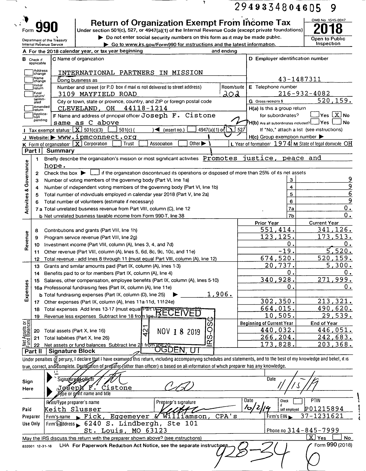 Image of first page of 2018 Form 990 for International Partners in Mission (IPM)