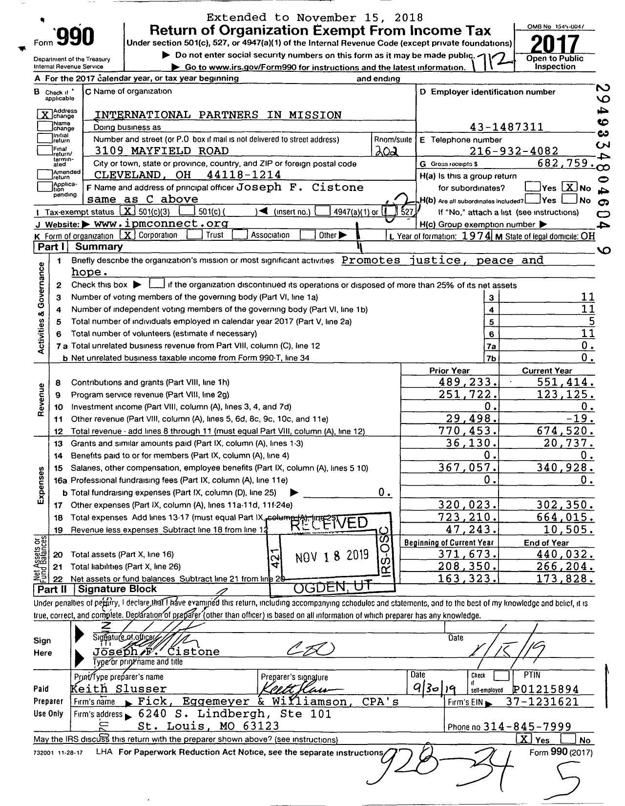 Image of first page of 2017 Form 990 for International Partners in Mission (IPM)