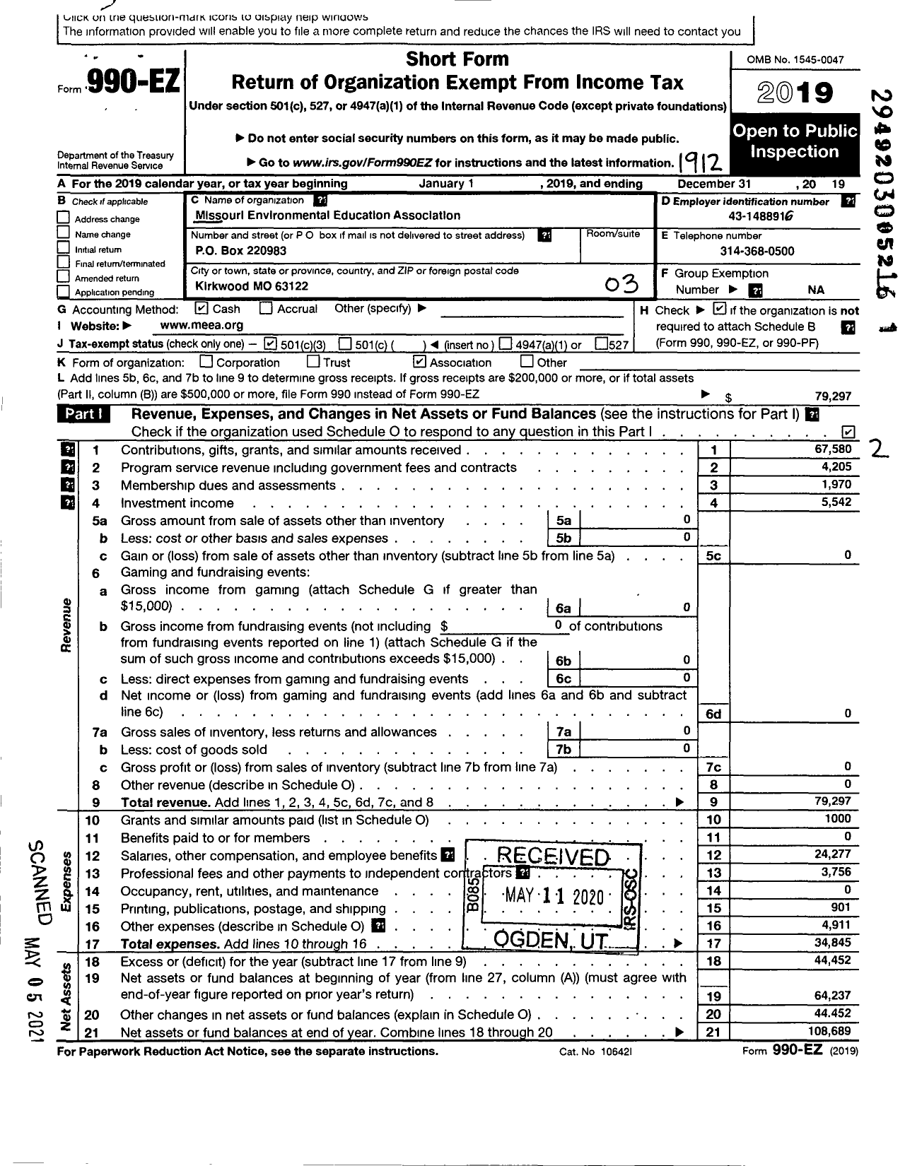 Image of first page of 2019 Form 990EZ for Missouri Environmental Education Association