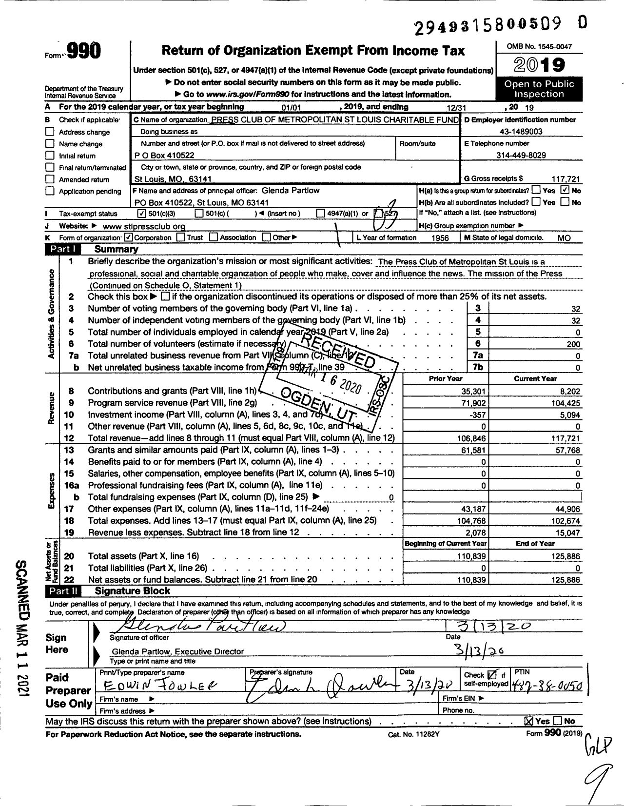 Image of first page of 2019 Form 990 for Press Club of Metropolitan St Louis Charitable Fund