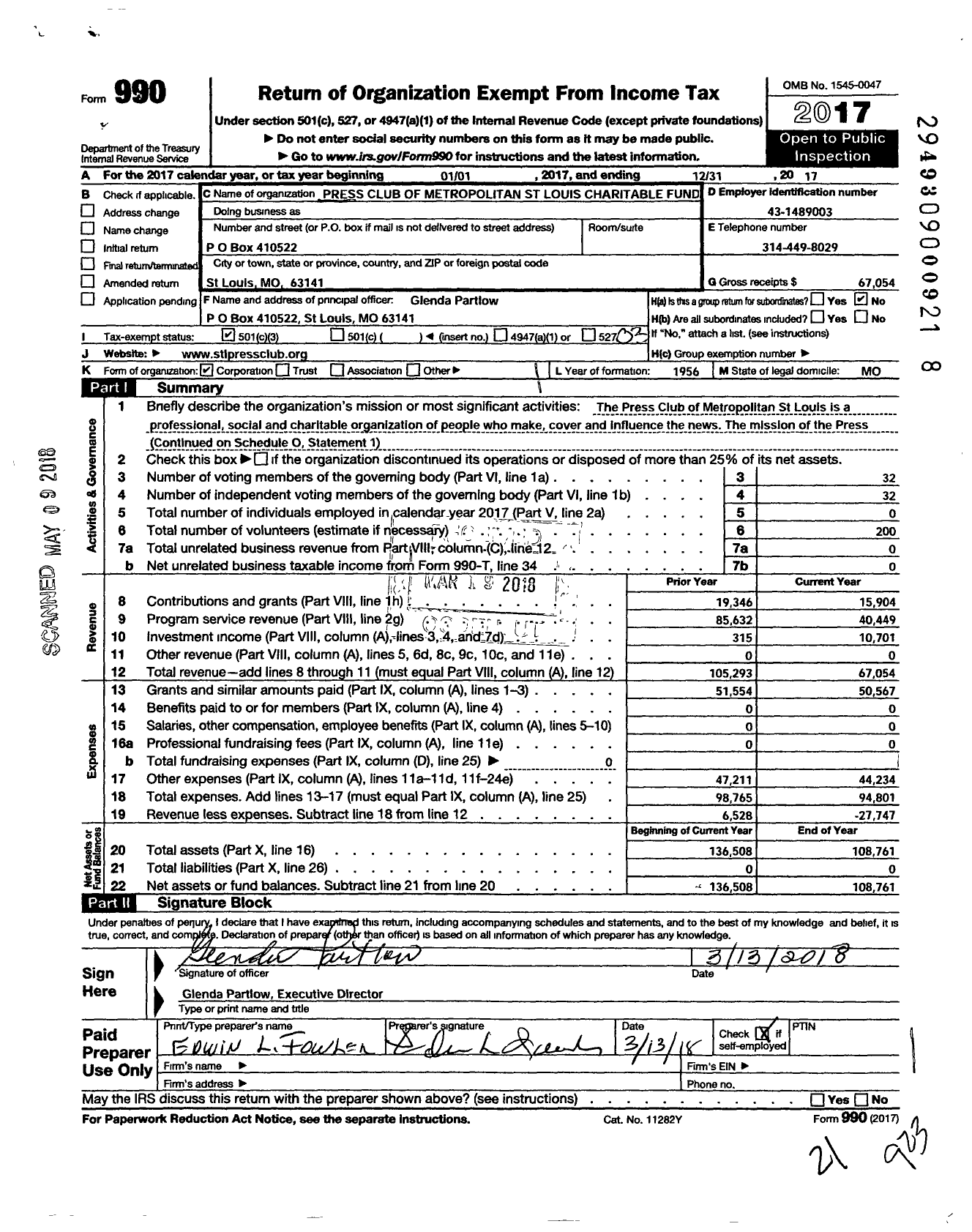 Image of first page of 2017 Form 990 for Press Club of Metropolitan St Louis Charitable Fund