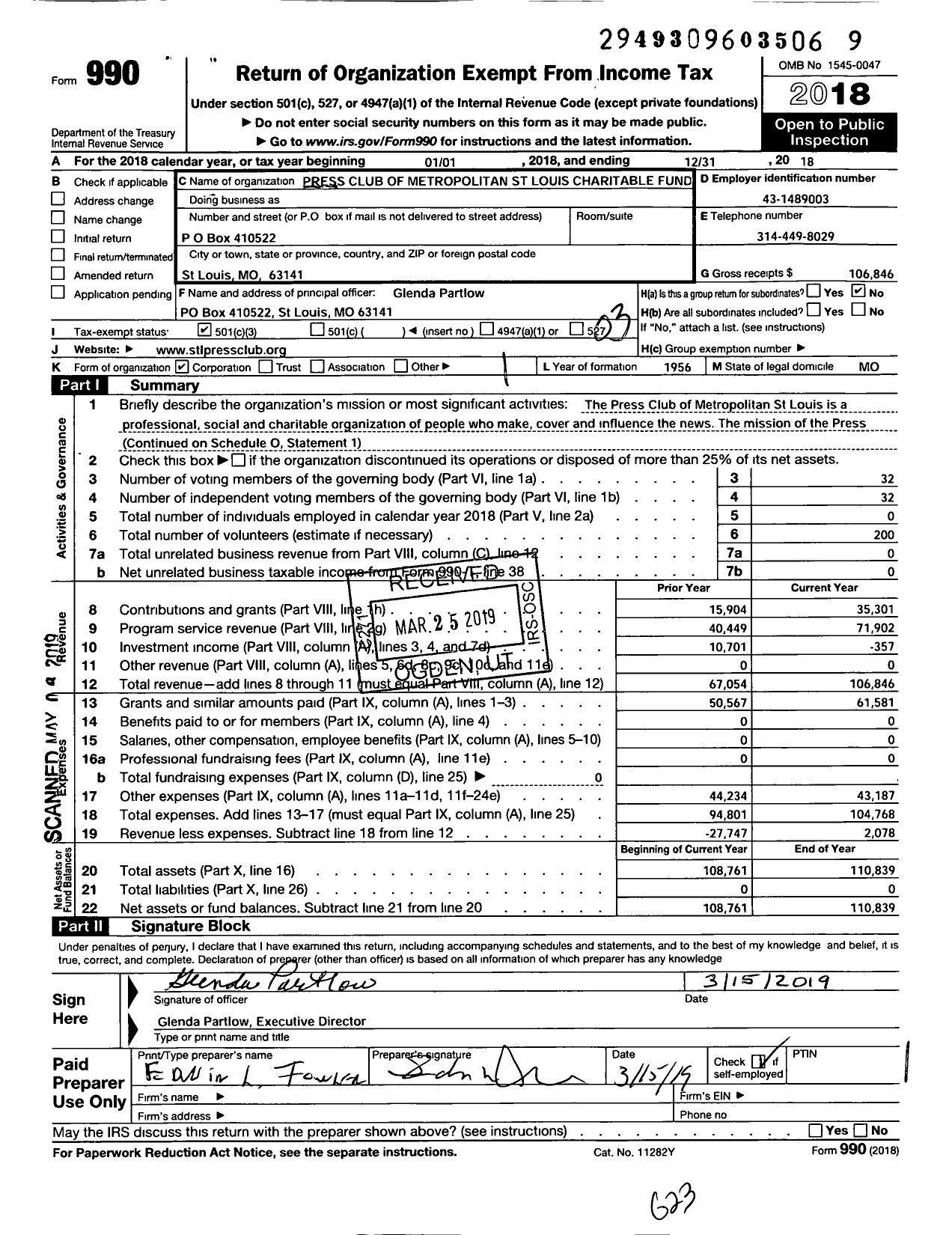 Image of first page of 2018 Form 990 for Press Club of Metropolitan St Louis Charitable Fund