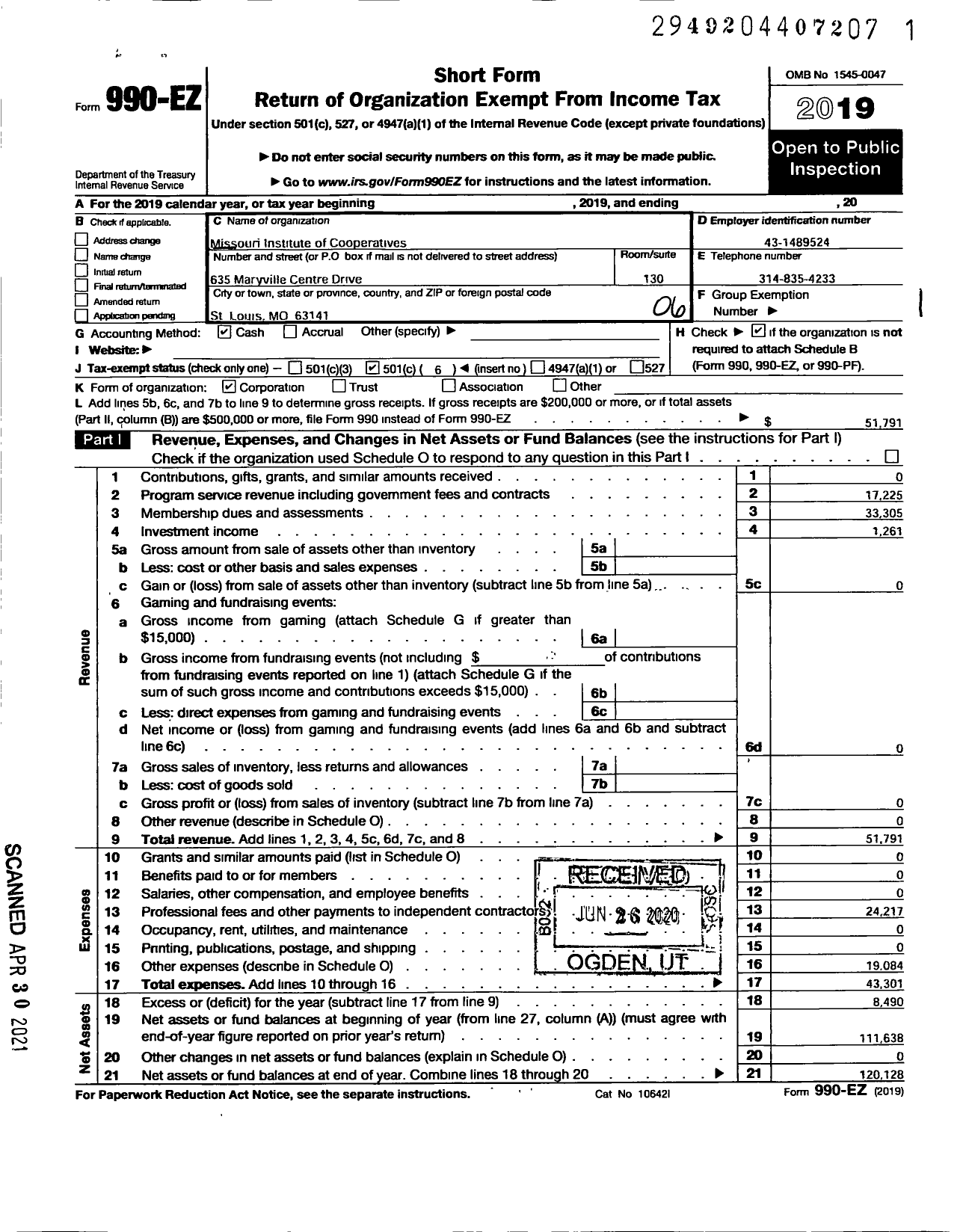 Image of first page of 2019 Form 990EO for Missouri Institute of Cooperatives (MIC)