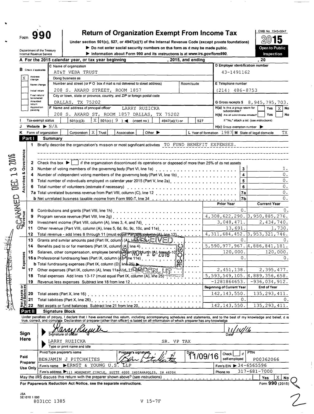 Image of first page of 2015 Form 990O for At&t Veba Trust