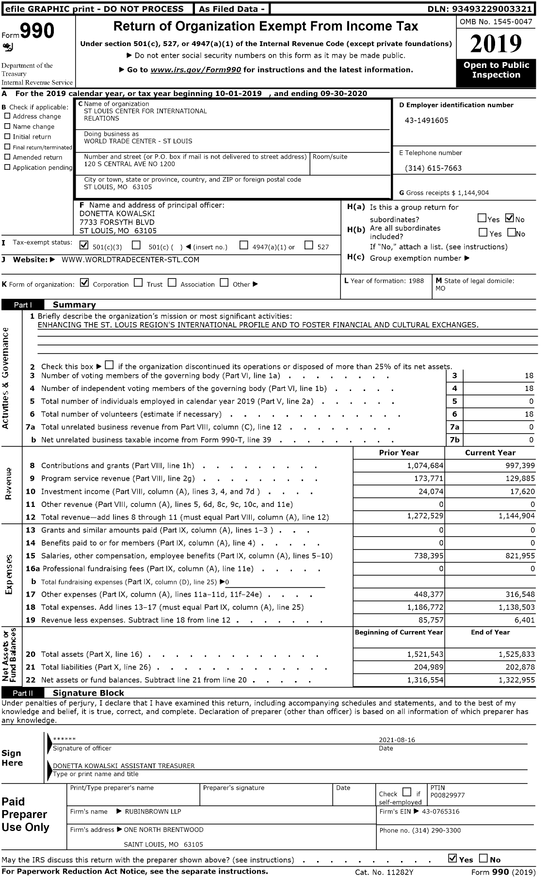 Image of first page of 2019 Form 990 for World Trade Center St Louis (WTC)